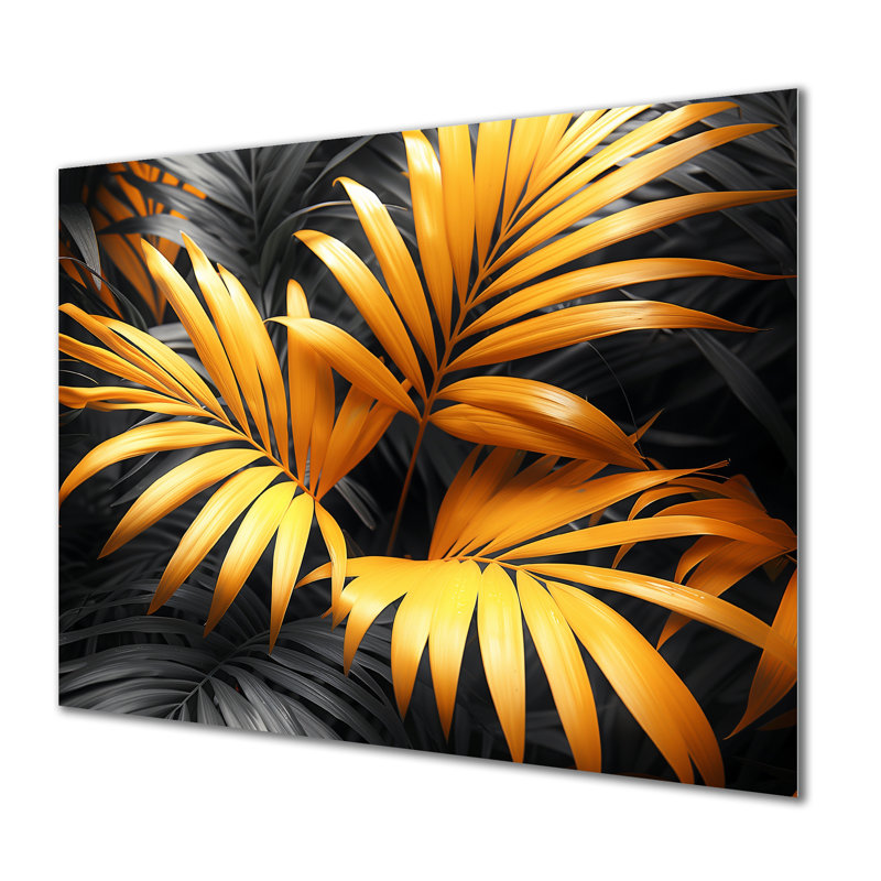 Jaune et gris avec palmiers monochromes - palmiers et palmiers, art mural, Sans cadre, métal, H 24 po x l 32 po