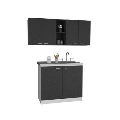 Ensemble de cuisine 2 pièces, 150 armoire murale + évier utilitaire avec armoire, noir / blanc