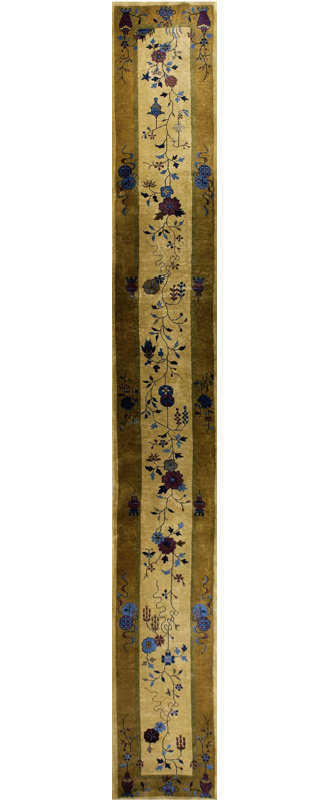 Light Color Antique Narrow and Very Long Art Deco Chinese Hallway Runner Rug