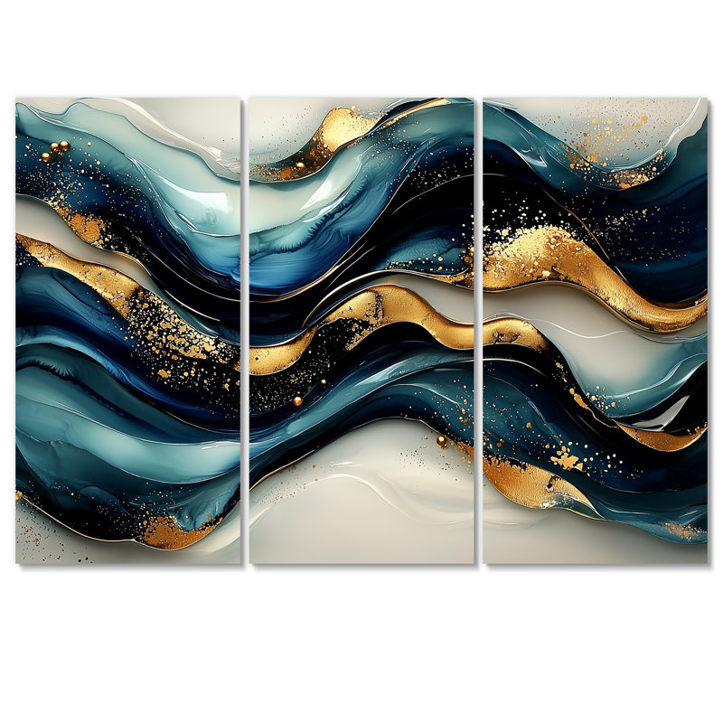 Fusion de pierre émeraude sur Blue River III - art mural sur toile Waves - 3 panneaux, H 28 po x l 36 po, Toile tendue