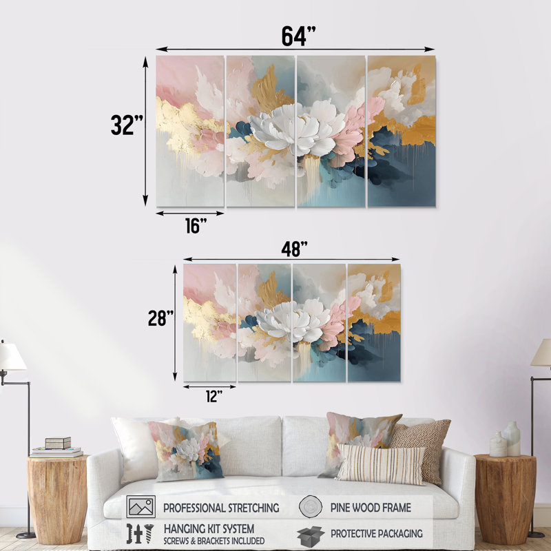 «White Brushstroke Abstract Paint III», ensemble d'art mural pivoines, H 28 po x l 48 po
