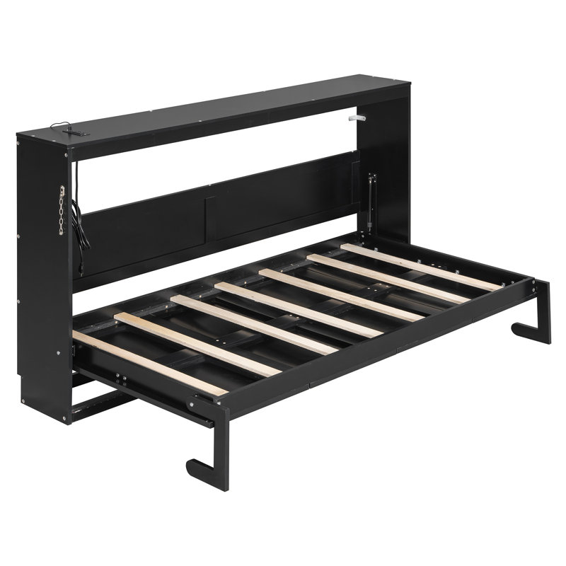 Lit escamotable simple pliant latéral simple avec motif imprimé, éclairage DEL sous le lit et prise USB intégrée, peu encombrant, noir