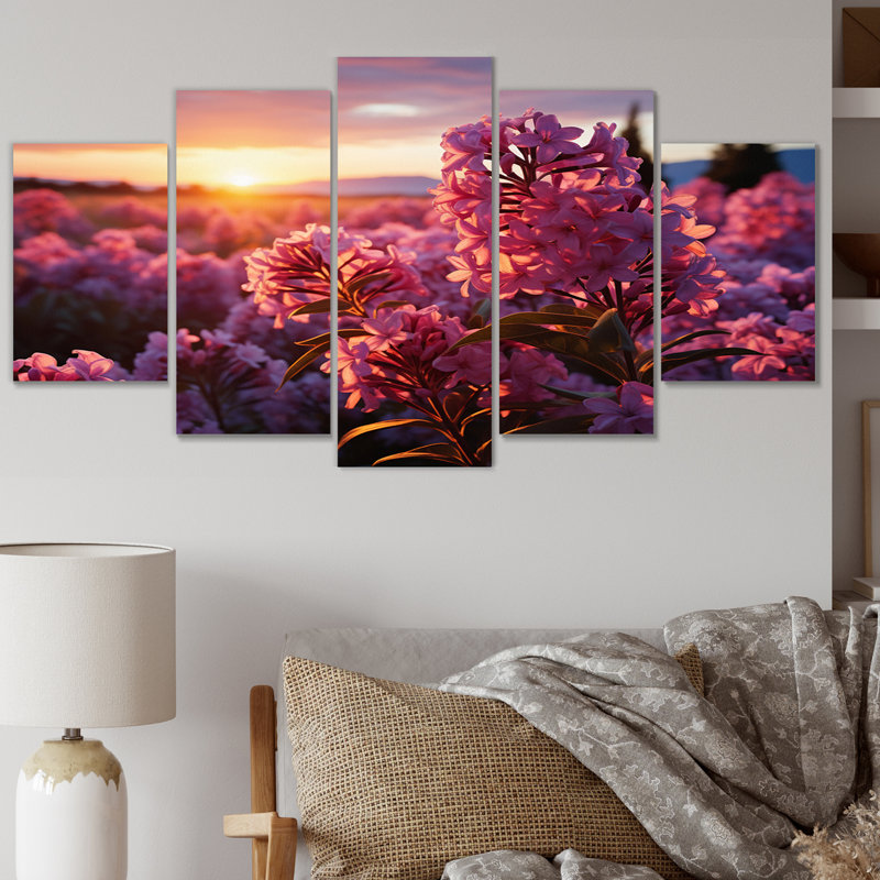 Lilas champ avec coucher de soleil - Art mural sur toile paysages - 5 panneaux