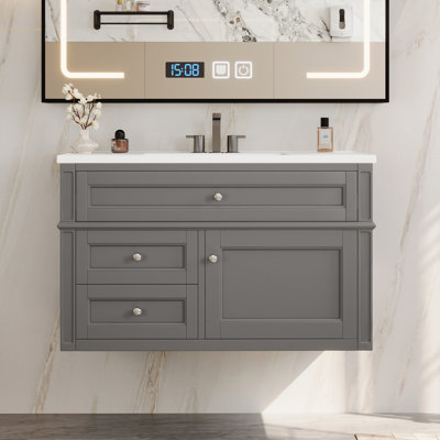 Meuble-lavabo mural 36 po, armoire de rangement flottante avec 2 tiroirs, 1 tiroir basculant, lavabo simple en céramique à 3 trous, armoire moderne.