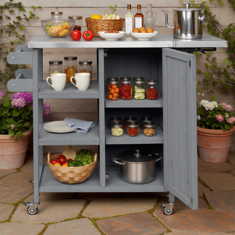 Chariot d'îlot de cuisine pliable pour l'extérieur avec roulettes verrouillables, armoire de rangement et porte-serviettes