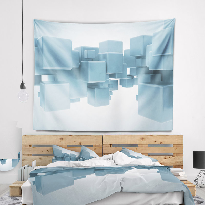 Tapisserie cubes 3d light blue, H 32 po x l 39 po