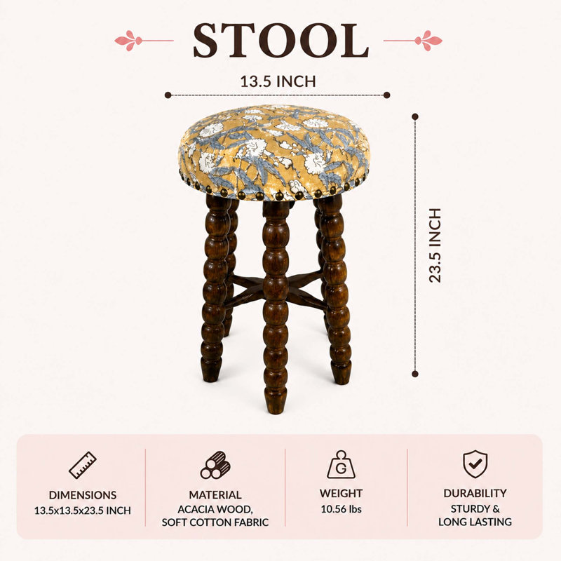 Tabouret de bar rembourré en acacia massif, Beige