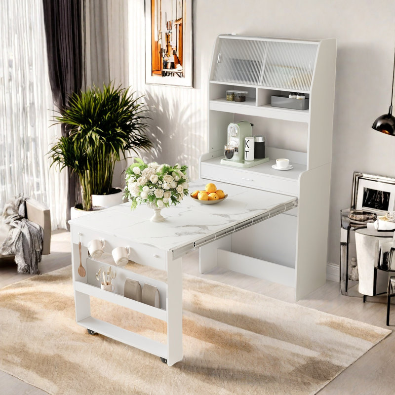 Buffet avec huche et table de salle à manger pliable, tablettes de rangement, crochets latéraux et armoire avec portes coulissantes