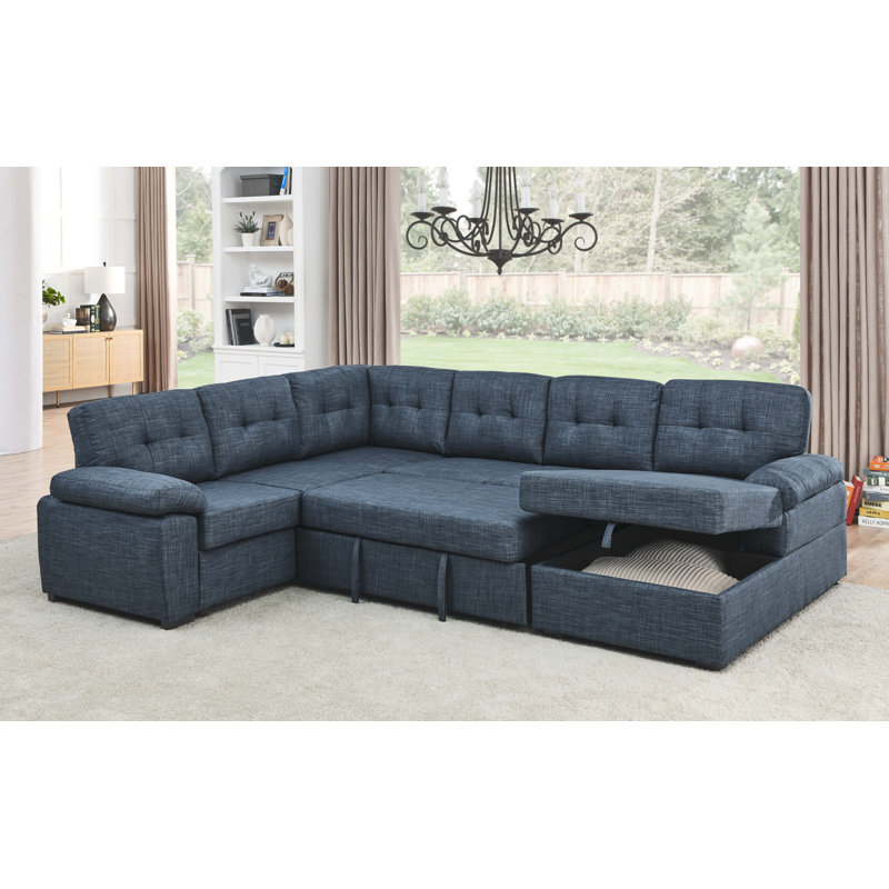 Upholstered U-Shaped Sectional Right Hand Facing, Blue Linen Blend
