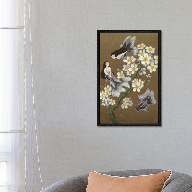 Goldfish Mermaids - Winter Plum Blossoms by Martin Hsu - Painting on Canvas, Black Framed, 66.04 cm H x 45.72 cm W