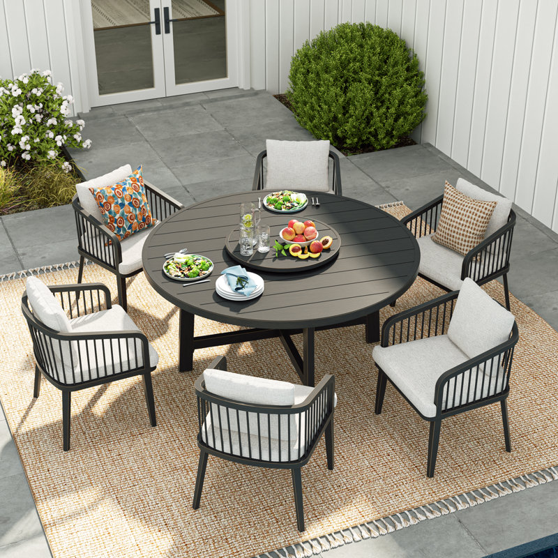 Ensemble de salle à manger pivotant en aluminium pour 6 personnes avec trou pour parasol et parasol
