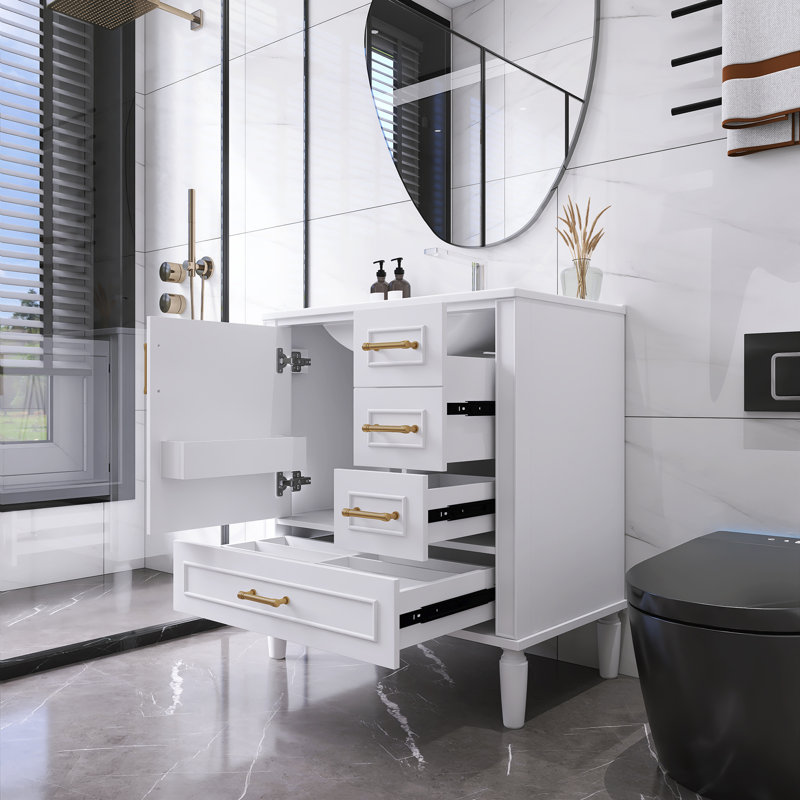 30" Modern Traditional Freestanding Bathroom Vanity Cabinet With Ceramic Basin, White