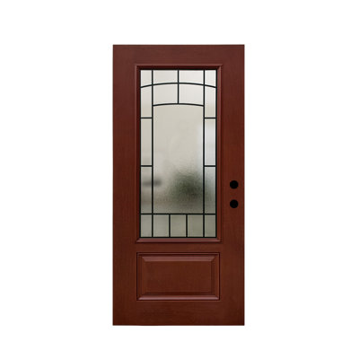 36X80 Front Entry Door Slab (no jamb), Fibreglass Exterior Door Slab, Wrought Iron Glass Door Panel, Inswing/Outswing Left; Mahogany Red