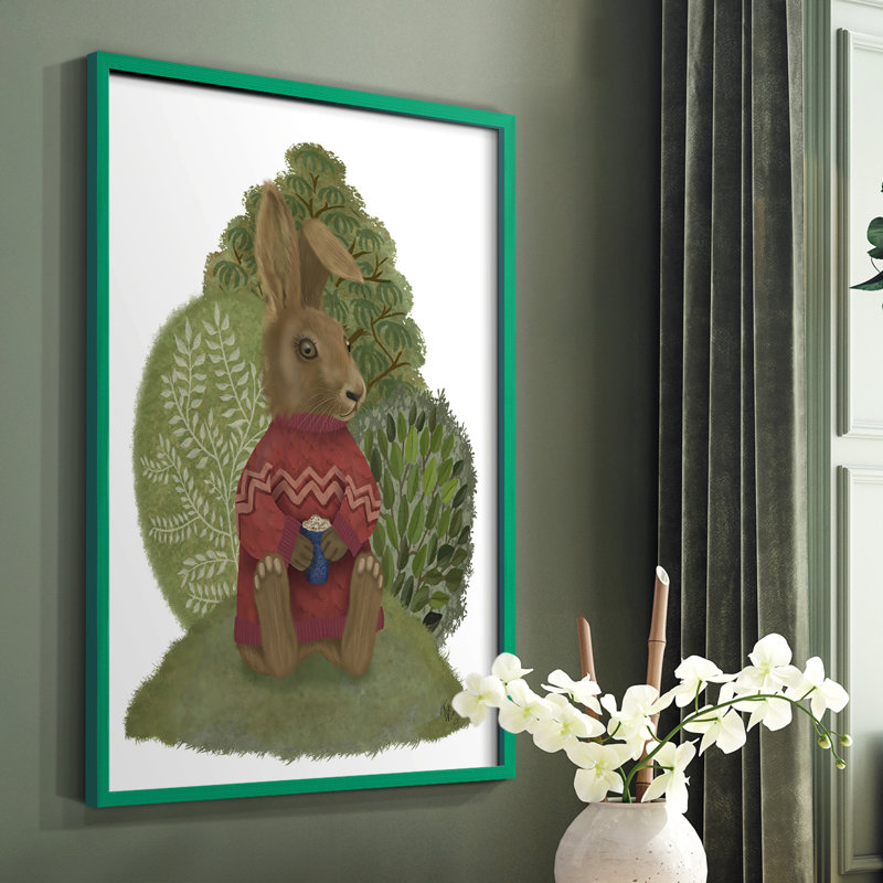 Lapin latte dans un chandail, reproduction encadrée - bois massif, Vert, H 10 po x l 8 po