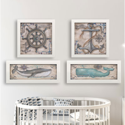 " Retro Gray And Teal Whale Anchor And Captains Wheel " by Kate McRostie 4 - Pieces
