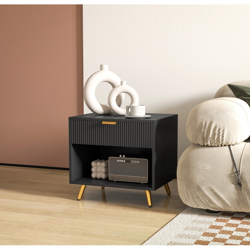 Black Gold Tone Bedside Table, Elegant Side Cabinet with Drawer & Storage Shelf