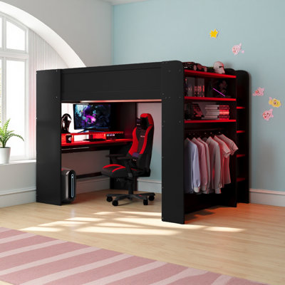 Full Size Wood Bunk Bed With Height-Adjustable Desk,Wardrobe,Ample Storage Space,And RGB Light,