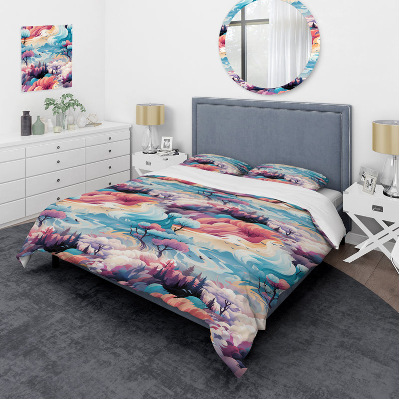 Literie Blue And Pink Nomad Landscape, Housse de couette simple + 1 taie décorative stan