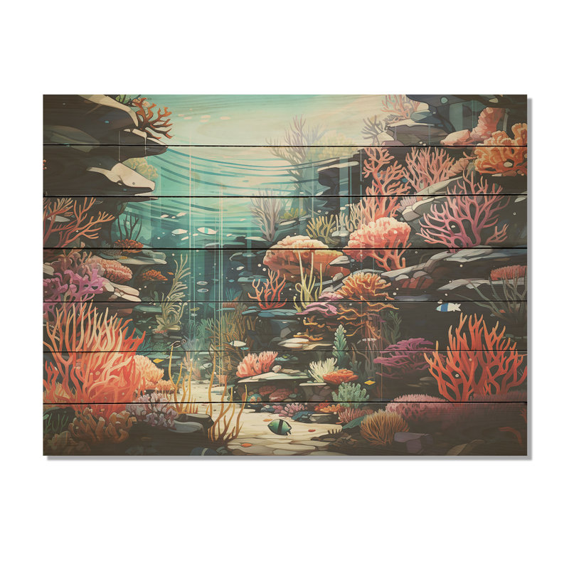 Life In Coral Reef Paradise II - Tropical côtier sur bois, H 10 po x l 20 po