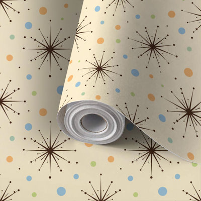 Papier peint adhésif peler et coller en PVC, revêtement mural auto-adhésif amovible avec imprimé beige rétro Mid Century Modern Starburst, imperméable pour la décoration intérieure - Rouleau