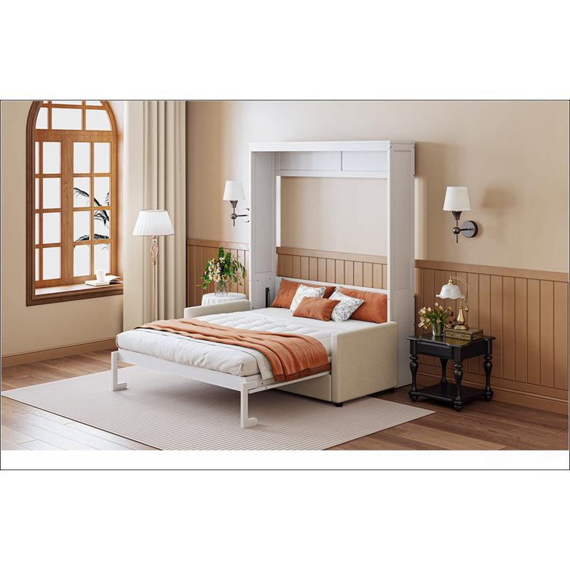 Full Size Murphy Bed Wall Bed With Cushion,White, Full, White