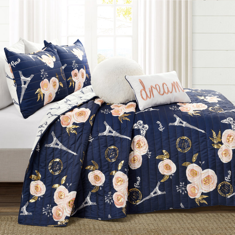 Ensemble de courtepointe réversible en microfibre vintage 4 pièces, Bleu marine