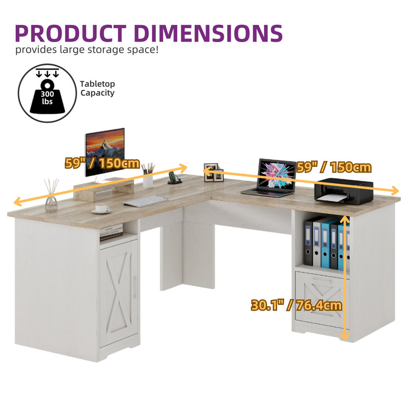 L-Shaped Executive Desk With Power Outlet, Brown/White
