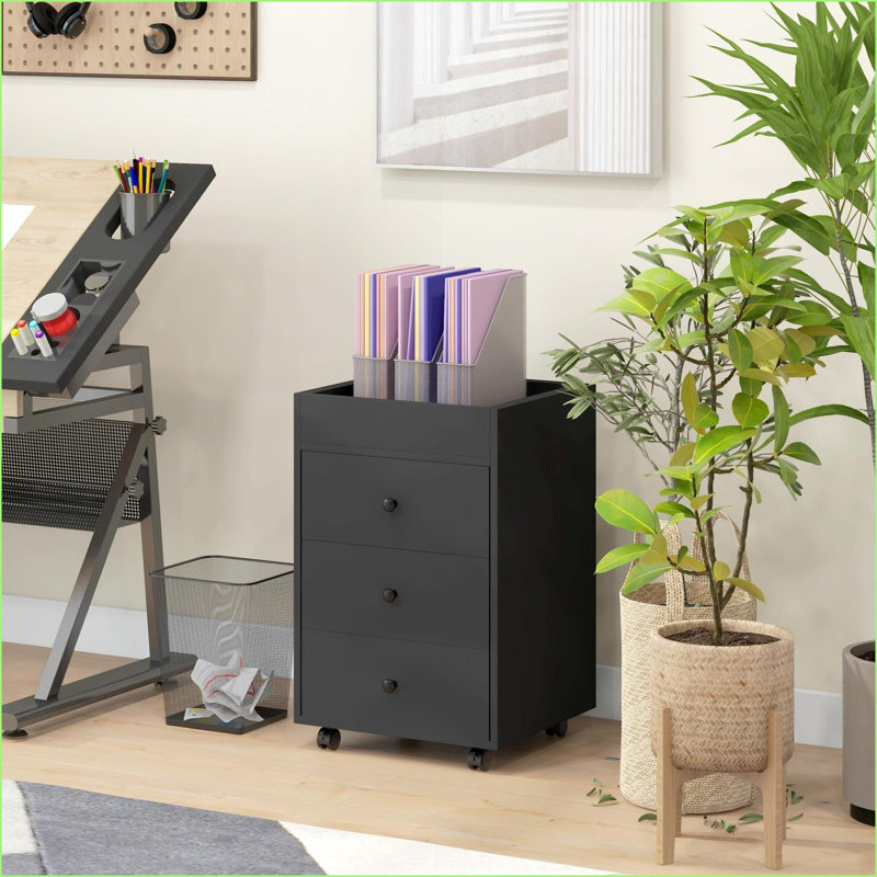 Armoires, rangement de bureau personnel à 3 tiroirs avec plateau amovible HOMcom | Roulant sous le support pour imprimante de bureau | Noir | Panneau de particules recouvert de mélamine