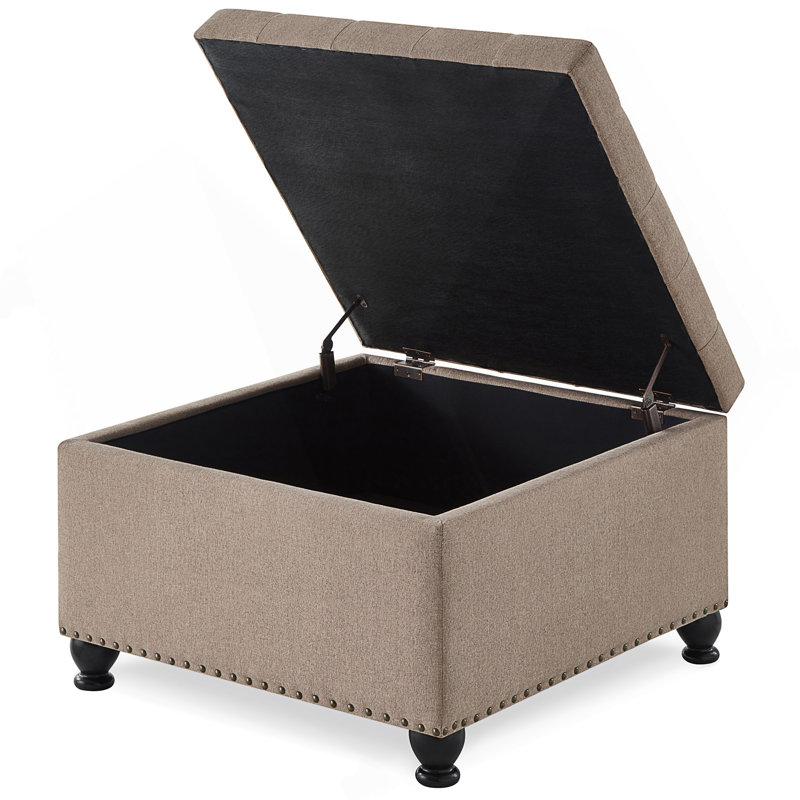 Large square storage ottoman with wooden legs, Upholstered button tufted coffee table with nail trims, Light Coffee Linen
