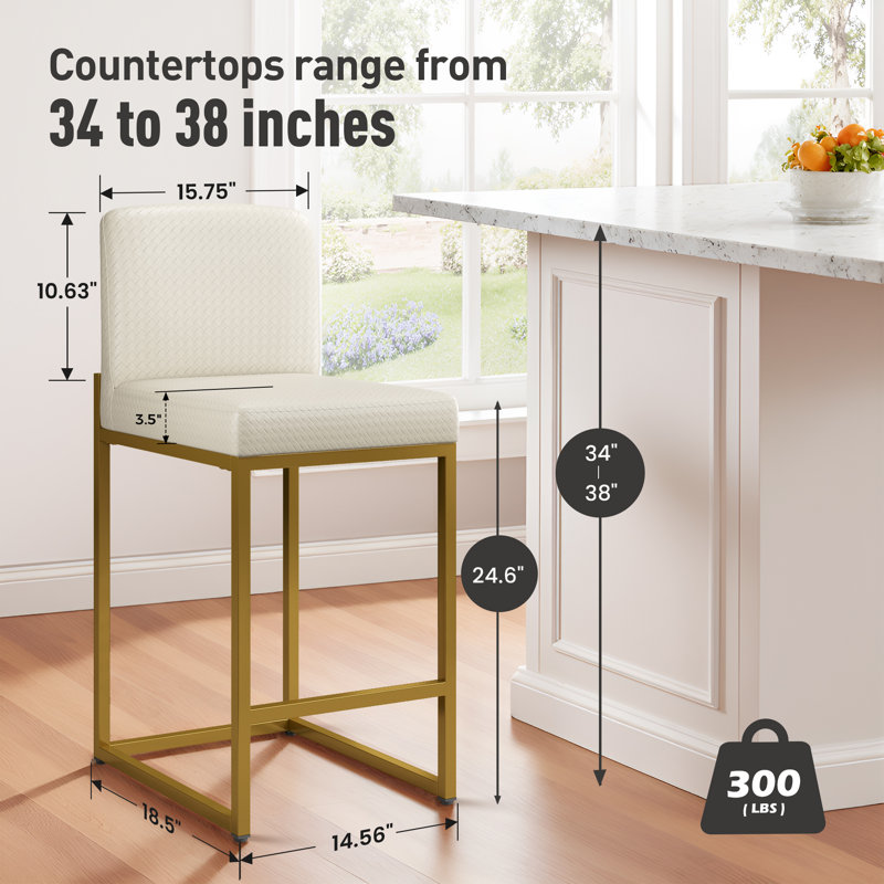 Tabouret de comptoir de cuisine moderne de 24 po avec base luge en métal doré et similicuir tissé blanc cassé (ensemble de 2)