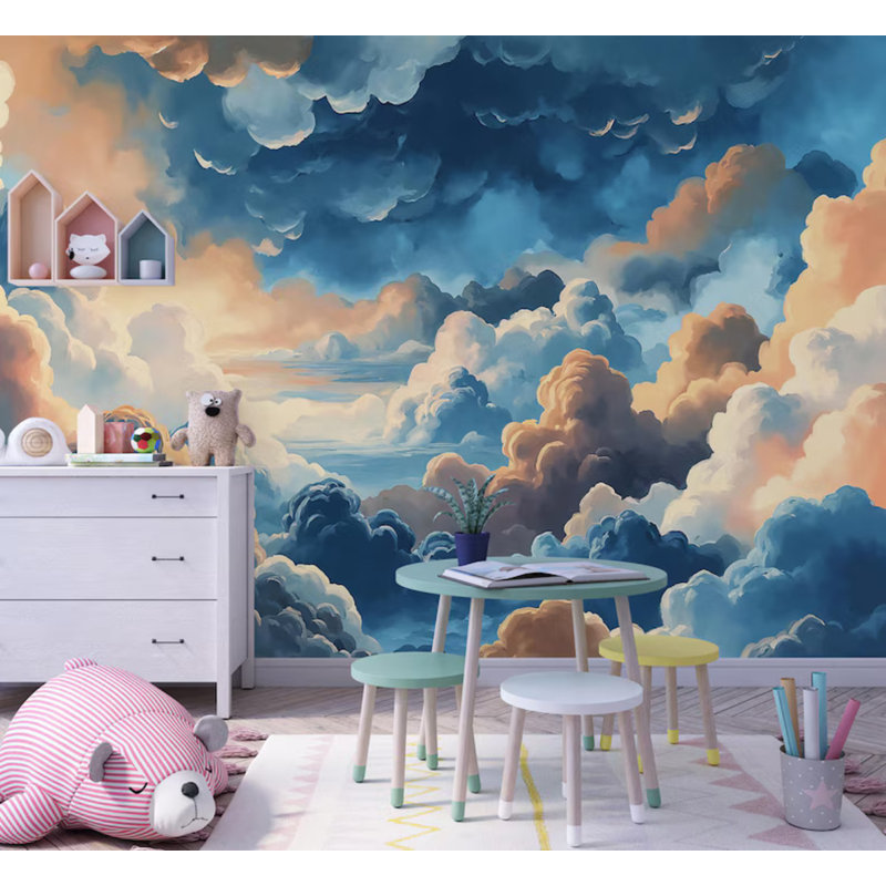 Blue Orange Dramatic Cloud Sky Wall Mural – Painterly Stormy Sunset Nursery Panoramic Large Format Wall Decor