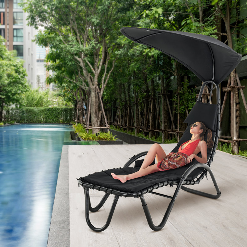 Chaise longue d'extérieur en acier avec auvent et coussins Benkelman, Noir