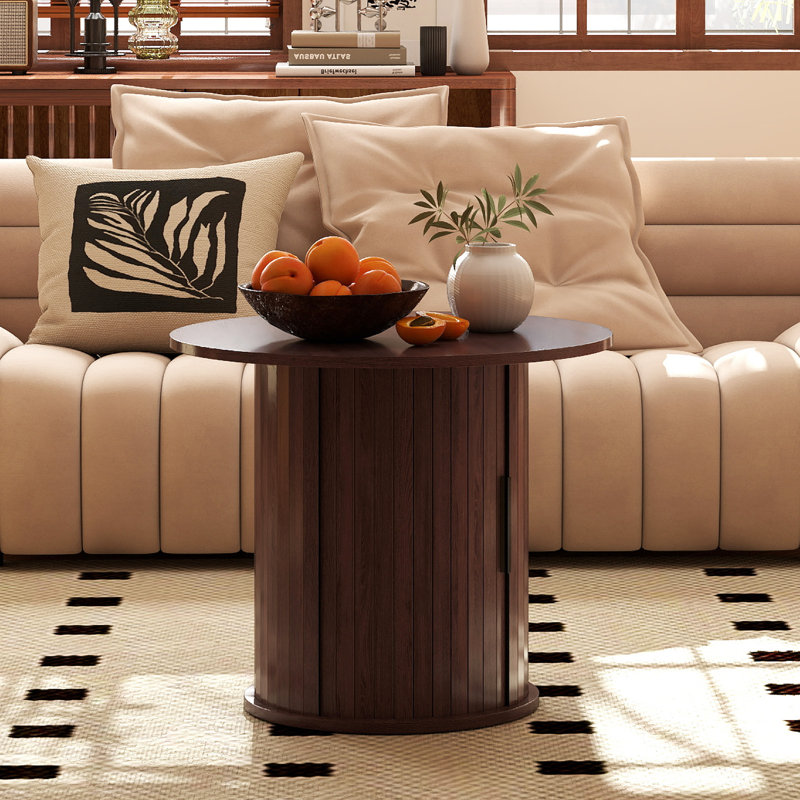 Wooden Round Coffee Table With Hidden Storage, Circle Farmhouse Side Table With Sliding Door, Walnut
