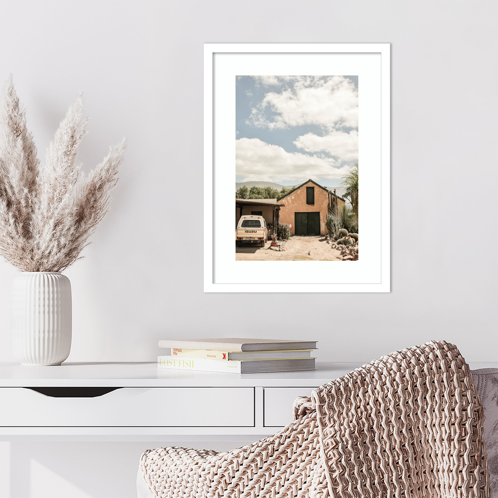 Karoo Farm House 02 by Shot by Clint Wood Framed Wall Art Print, 21" H x 16" W, White Framed