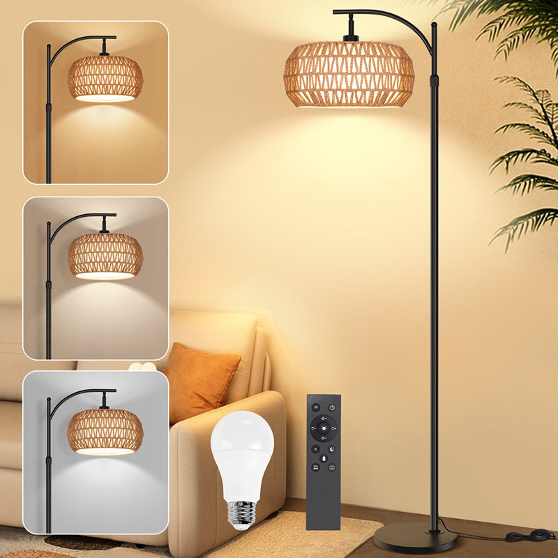 Rattan Floor Lamp Boho Standing Lamp with Remote Control Dimmable