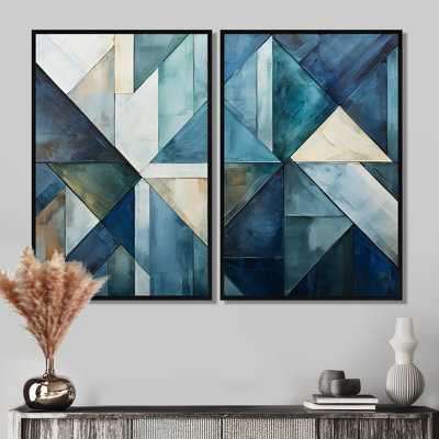 Nautique, formes géométriques blanches et bleues I - Art mural géométrique abstrait grand, 2 pièces
