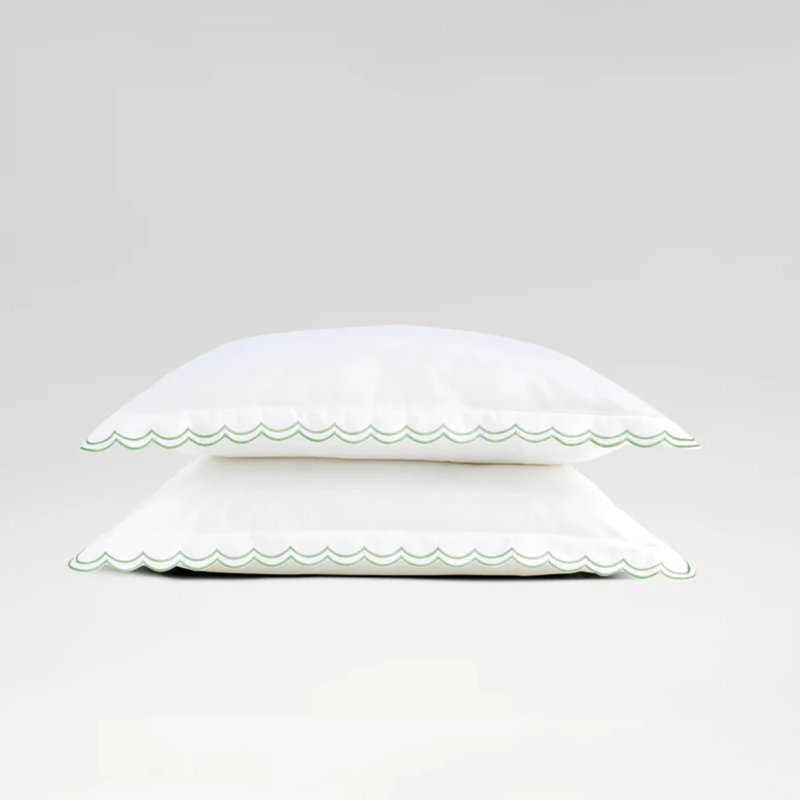 Scallop Edge Luxury Pillowcase Pair, White/Matcha, Standard Pillowcase