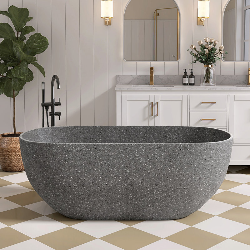 Baignoire de trempage extérieure en béton 63 po à surface solide en pierre Terrazzo, Gris