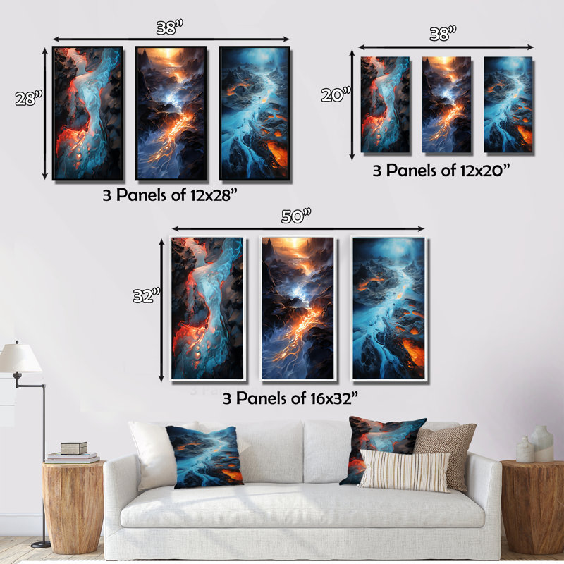 «Wild Blue Lava River In Islande», 3 pièces sur toile, Cadre noir, H 36 po x l 20 po