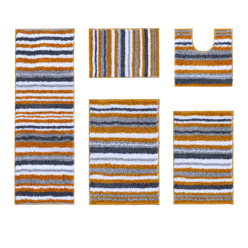 Ensemble de tapis de salle de bain 100% polyester à rayures lavables à la machine 5 pièces Griffie Collection, Jaune