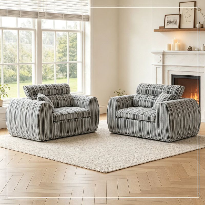 Chenille Striped Compression Sofa with 2 pillows, Black+White