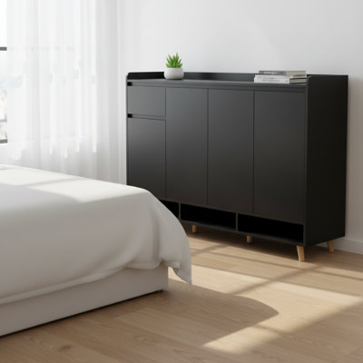 Sleek and Contemporary Shoe Cabinet with Adjustable Shelves, Minimalist Home Organizer with Solid Wood Legs, Storage Sideboard for Entryway and Living Room
