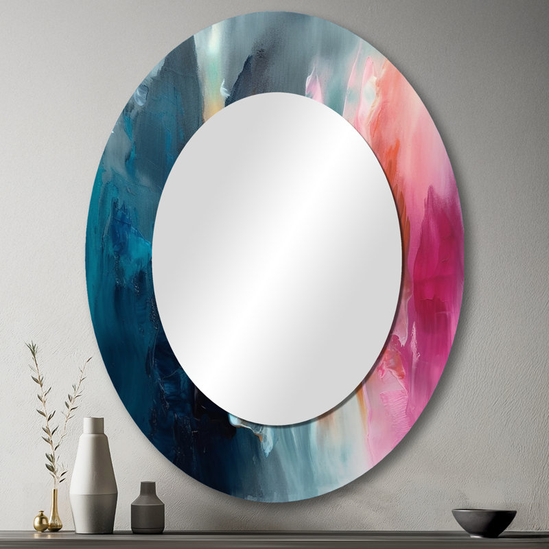 Spatule bleue et rose (motif abstrait) - Miroir mural ovale moderne bleu, 43 po x 33 po