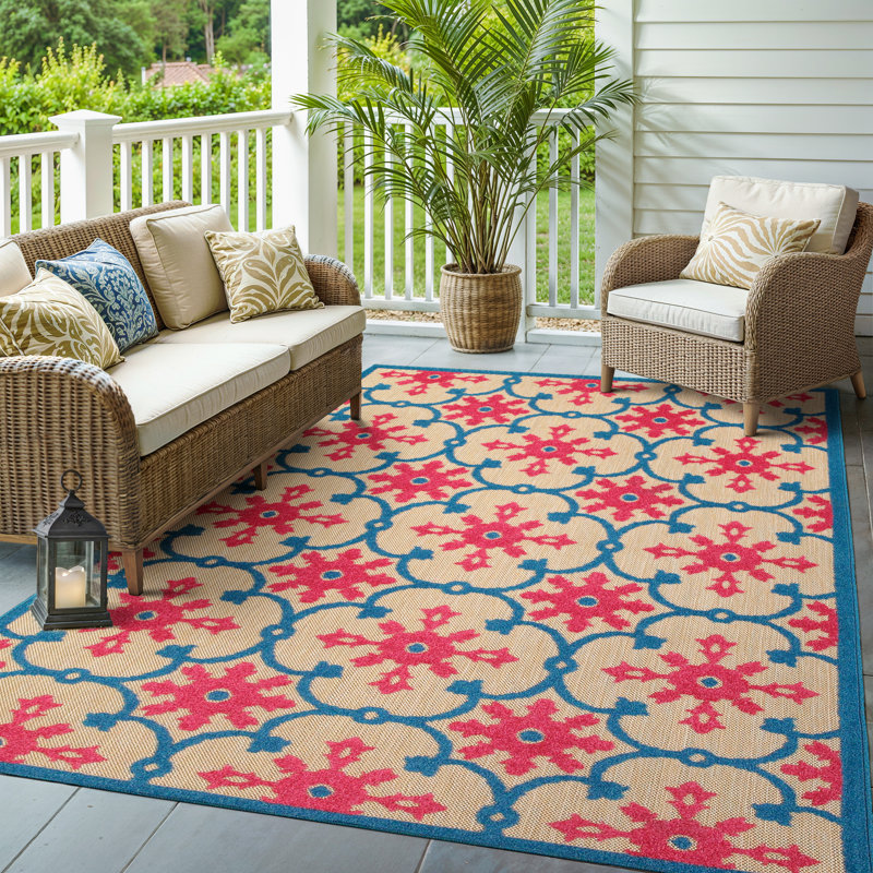 Luisa Floral Indoor/Outdoor Area Rug in Pink/Blue/Sand, Rectangle 6'7" x 9'6"