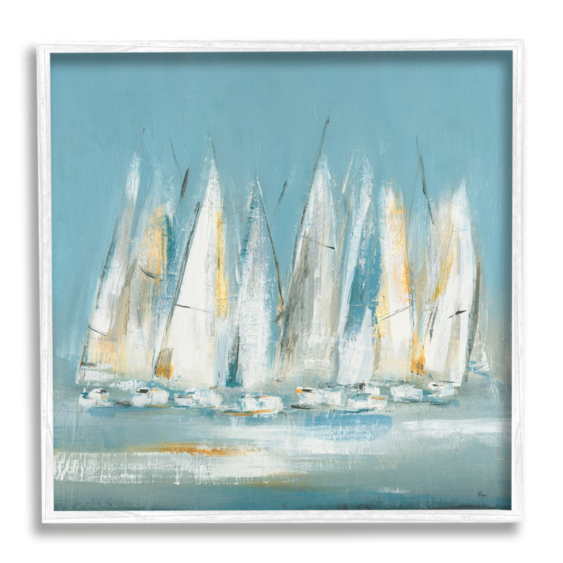 Abstrait voilier flottant encadré sur bois par Lisa Ridgers, peinture, H 17 po x l 17 po x P 1,5 po