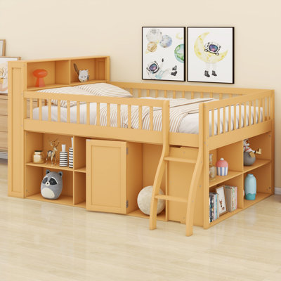 Élégant lit mezzanine en bois avec amplement de tablettes de rangement et tête de lit à DEL