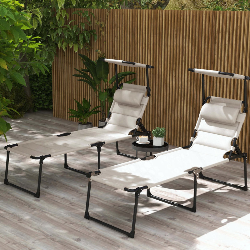 Chaise longue pliante avec dossier réglable et parasol, ensemble de 2 - Blanc crème
