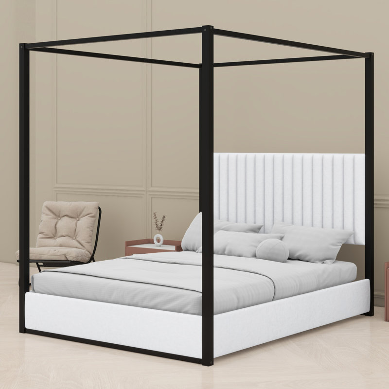 Lit plateforme à baldaquin élégant avec tête de lit tapissier et structure en métal robuste