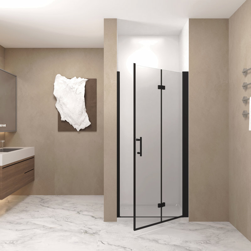 Shower Door, 1/4"(6Mm) Tempered Glass, Matte Black Aluminum Frame,  Film