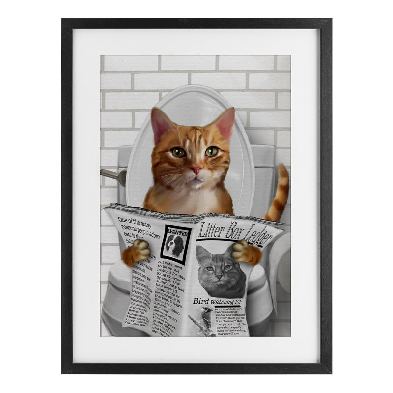 Chat fantaisiste sur une toilette, reproduction encadrée sous verre, design par Matthew Piotrowicz, H 20 po x l 14 po